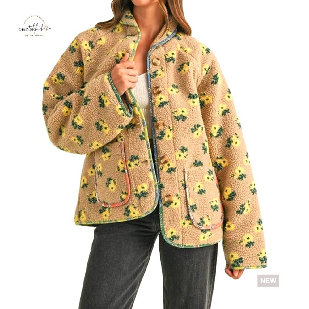Women's Floral Sherpa Fleece Jacket Button Up Oversized Teddy Coat